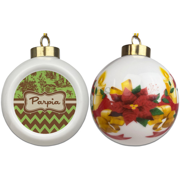 Green & Brown Toile & Chevron Ceramic Christmas Ornament - Poinsettias (APPROVAL)