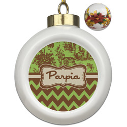 Green & Brown Toile & Chevron Ceramic Ball Ornaments - Poinsettia Garland (Personalized)