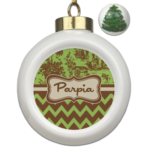 Custom Green & Brown Toile & Chevron Ceramic Ball Ornament - Christmas Tree (Personalized)