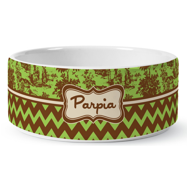 Green & Brown Toile & Chevron Ceramic Dog Bowl - Medium - Front