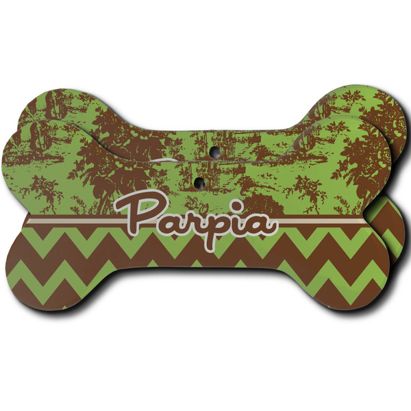 Custom Green & Brown Toile & Chevron Ceramic Dog Ornament - Front & Back w/ Name or Text