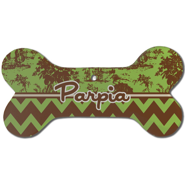 Custom Green & Brown Toile & Chevron Ceramic Dog Ornament - Front w/ Name or Text