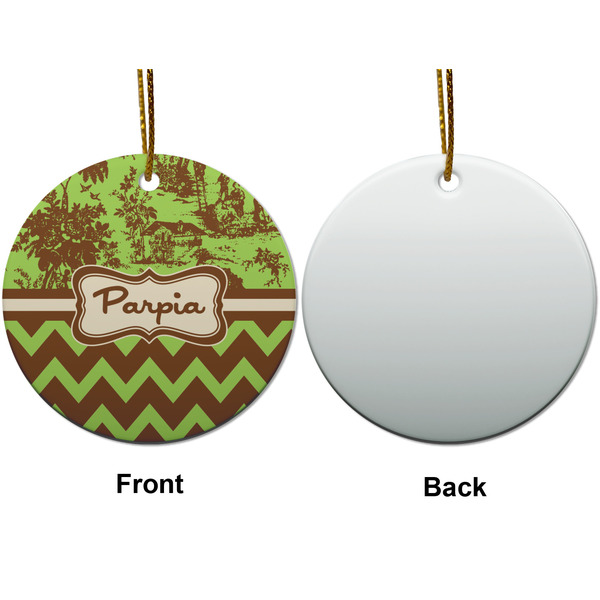Green & Brown Toile & Chevron Ceramic Flat Ornament - Circle Front & Back (APPROVAL)