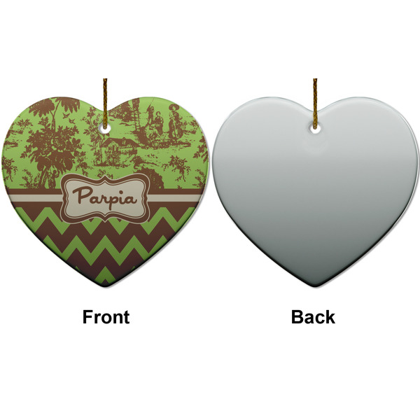 Green & Brown Toile & Chevron Ceramic Flat Ornament - Heart Front & Back (APPROVAL)