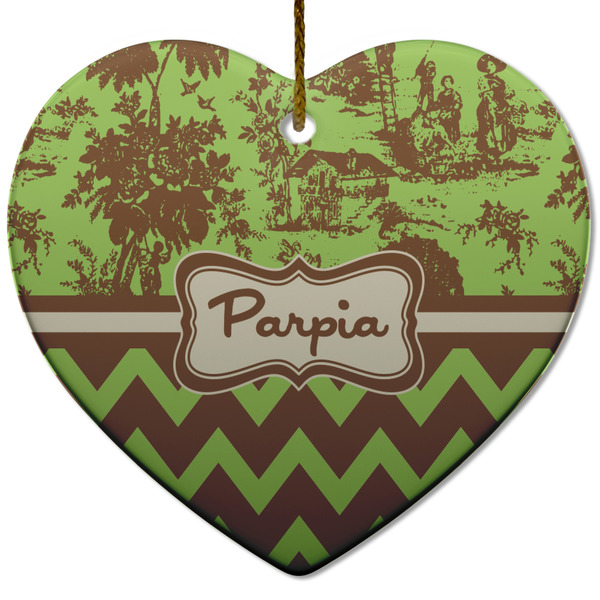 Green & Brown Toile & Chevron Ceramic Flat Ornament - Heart (Front)