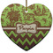 Green & Brown Toile & Chevron Heart Ceramic Ornament w/ Name or Text
