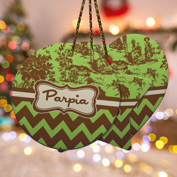 Custom Green & Brown Toile & Chevron Ceramic Ornament w/ Name or Text