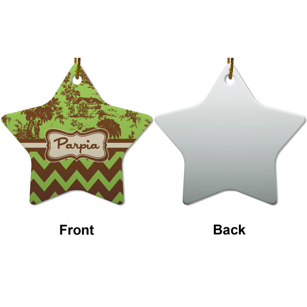 Green & Brown Toile & Chevron Ceramic Flat Ornament - Star Front & Back (APPROVAL)