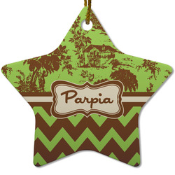 Green & Brown Toile & Chevron Star Ceramic Ornament w/ Name or Text