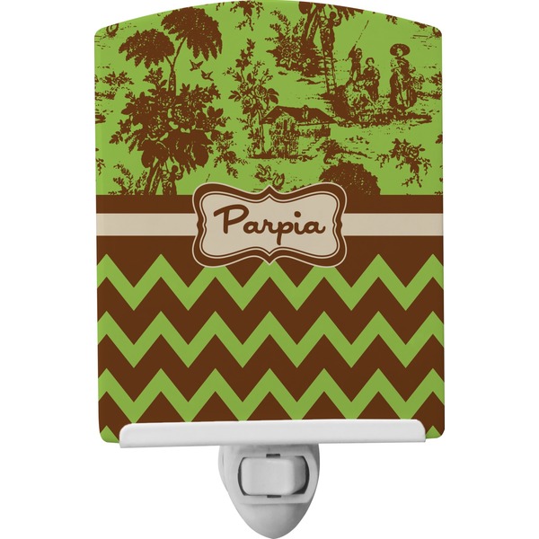 Custom Green & Brown Toile & Chevron Ceramic Night Light (Personalized)