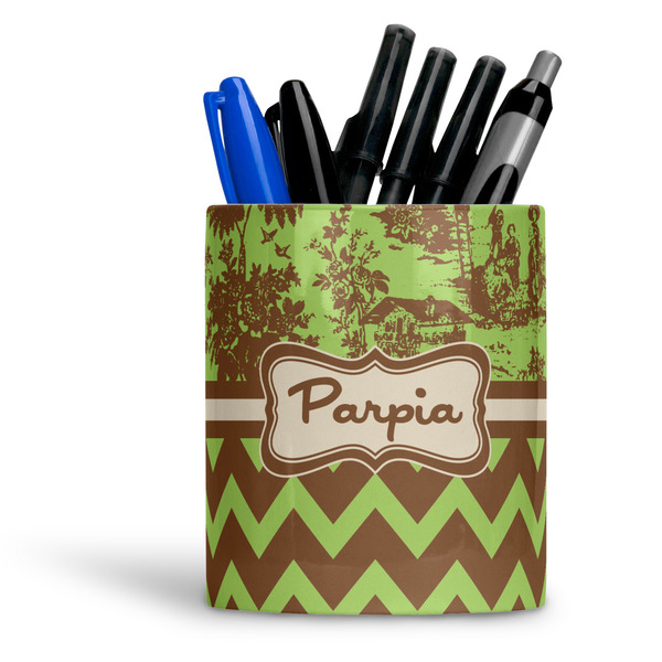 Custom Green & Brown Toile & Chevron Ceramic Pen Holder