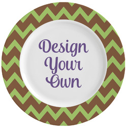 Green & Brown Toile & Chevron Ceramic Dinner Plates (Set of 4) (Personalized)