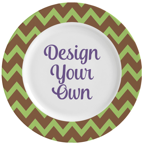 Custom Green & Brown Toile & Chevron Ceramic Dinner Plates (Set of 4) (Personalized)