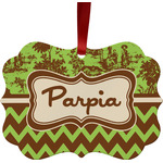 Green & Brown Toile & Chevron Metal Frame Ornament - Double Sided w/ Name or Text