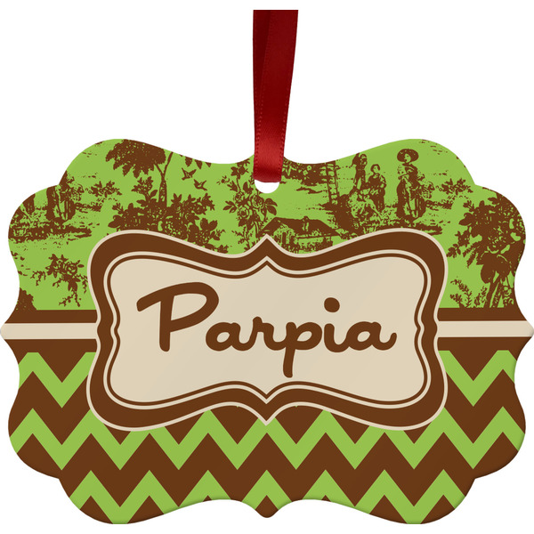 Custom Green & Brown Toile & Chevron Metal Frame Ornament - Double Sided w/ Name or Text