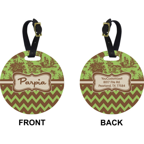 Green & Brown Toile & Chevron Circle Luggage Tag (Front + Back)