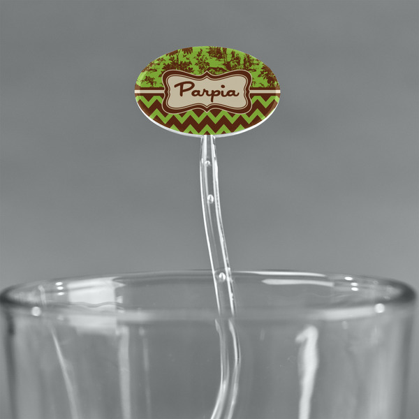 Green & Brown Toile & Chevron Clear Plastic 7" Stir Stick - Oval - Main