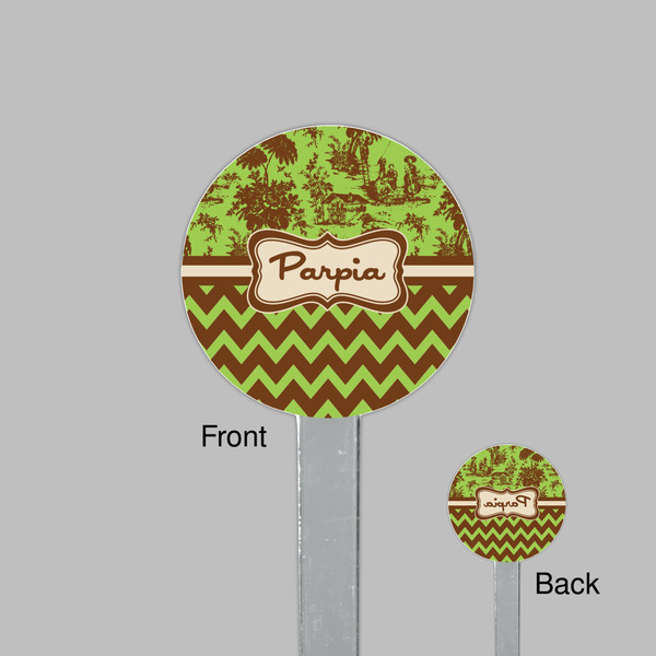 Green & Brown Toile & Chevron Clear Plastic 7" Stir Stick - Round - Front & Back