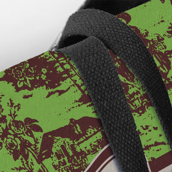 Green & Brown Toile & Chevron Closeup of Tote w/Black Handles