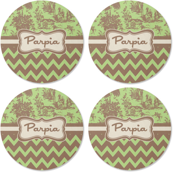 Green & Brown Toile & Chevron Coaster Round Rubber Back - Apvl