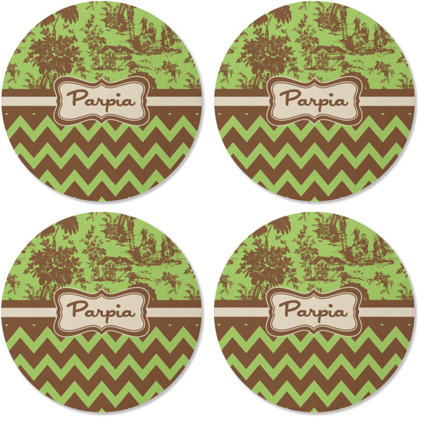 Green & Brown Toile & Chevron Coaster Round Rubber Back - Apvl