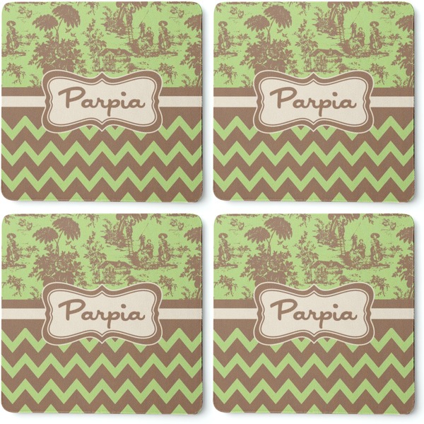 Green & Brown Toile & Chevron Coaster Rubber Back - Apvl