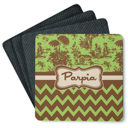 Green & Brown Toile & Chevron Square Rubber Backed Coasters - Set of 4 (Personalized)