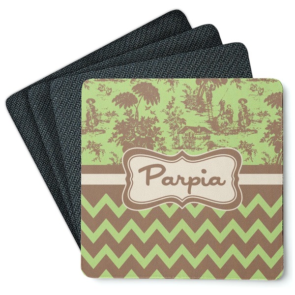 Custom Green & Brown Toile & Chevron Square Rubber Backed Coasters - Set of 4 (Personalized)