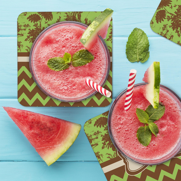 Green & Brown Toile & Chevron Coaster Set - LIFESTYLE