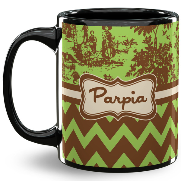 Custom Green & Brown Toile & Chevron 11 Oz Coffee Mug - Black (Personalized)