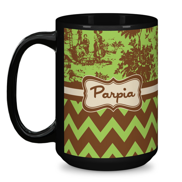 Green & Brown Toile & Chevron Coffee Mug - 15 oz - Black