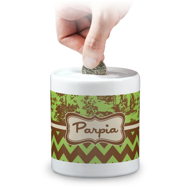 Custom Green & Brown Toile & Chevron Coin Bank (Personalized)