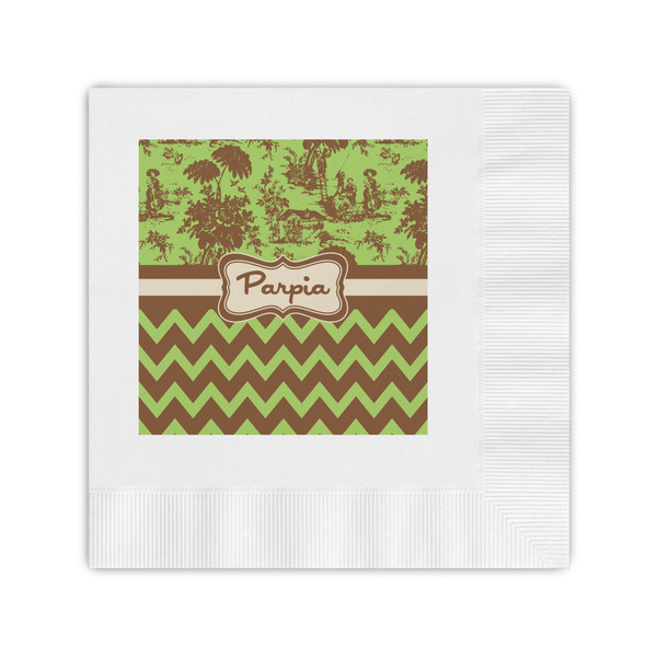 Custom Green & Brown Toile & Chevron Coined Cocktail Napkins (Personalized)