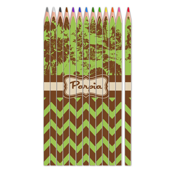Custom Green & Brown Toile & Chevron Colored Pencils (Personalized)