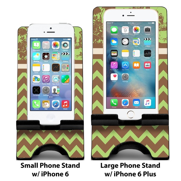 Green & Brown Toile & Chevron Compare Phone Stand Sizes - with iPhones