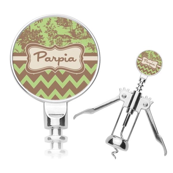 Custom Green & Brown Toile & Chevron Corkscrew (Personalized)