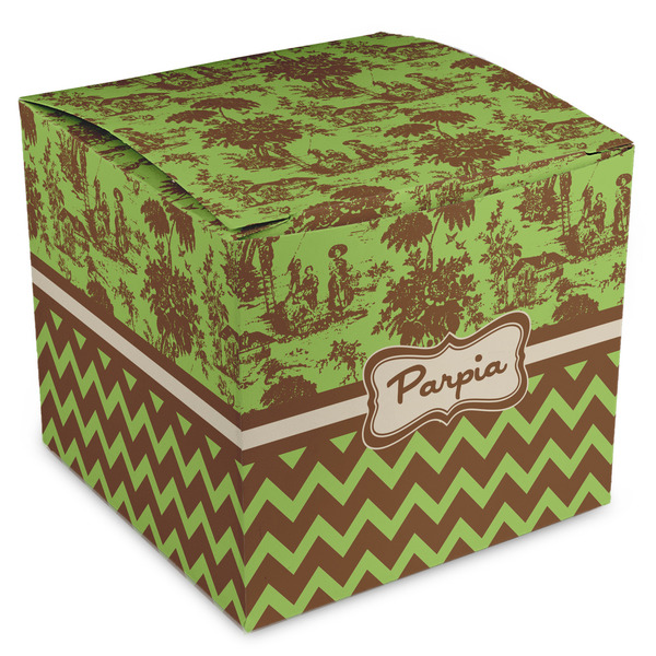 Custom Green & Brown Toile & Chevron Cube Favor Gift Boxes (Personalized)