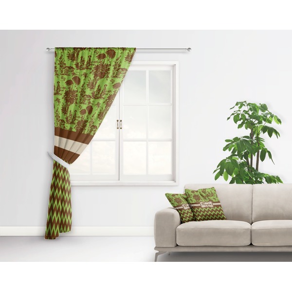 Green & Brown Toile & Chevron Curtain With Window and Rod - in Room Matching Pillow
