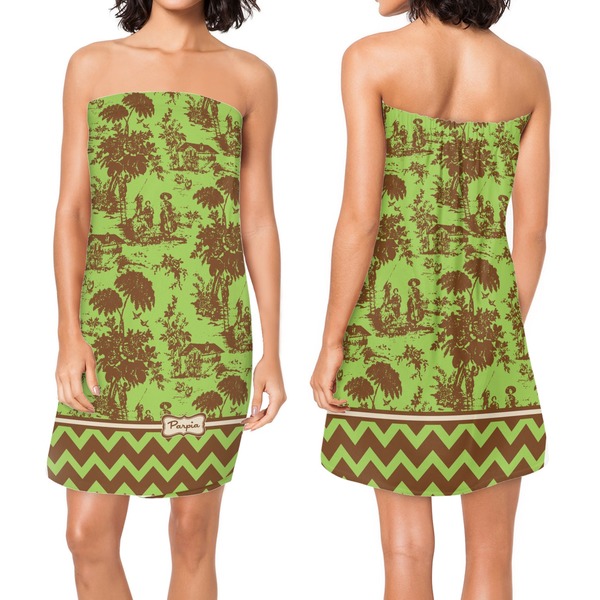 Green & Brown Toile & Chevron Custom Bath Wrap - Front & Back View