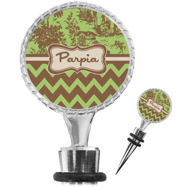 Custom Green & Brown Toile & Chevron Wine Bottle Stopper (Personalized)