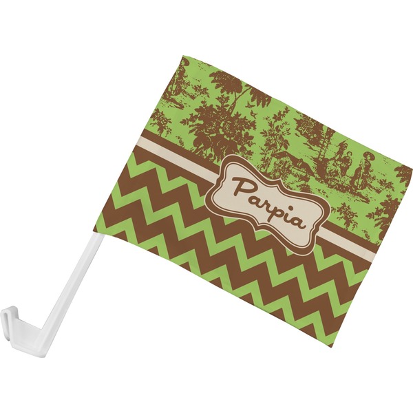 Custom Green & Brown Toile & Chevron Car Flag - Small w/ Name or Text