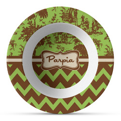 Green & Brown Toile & Chevron Plastic Bowl - Microwave Safe - Composite Polymer (Personalized)