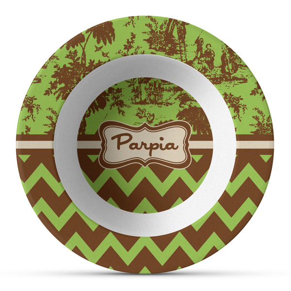 Custom Green & Brown Toile & Chevron Plastic Bowl - Microwave Safe - Composite Polymer (Personalized)