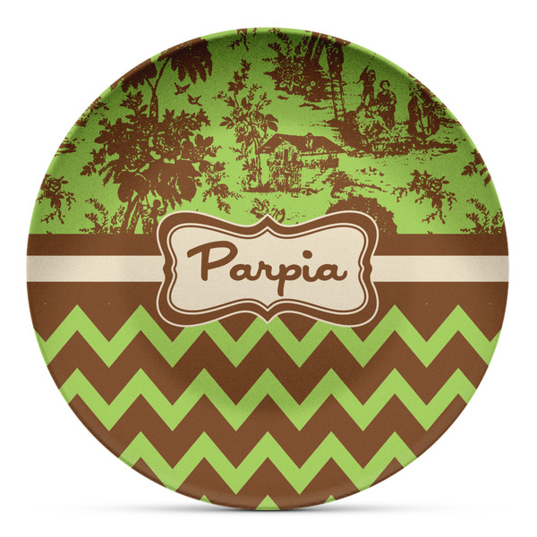 Custom Green & Brown Toile & Chevron Microwave Safe Plastic Plate - Composite Polymer (Personalized)