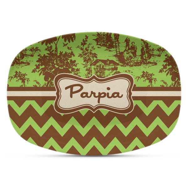 Custom Green & Brown Toile & Chevron Plastic Platter - Microwave & Oven Safe Composite Polymer (Personalized)