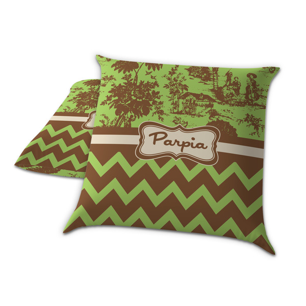 Green & Brown Toile & Chevron Decorative Pillow Case - TWO