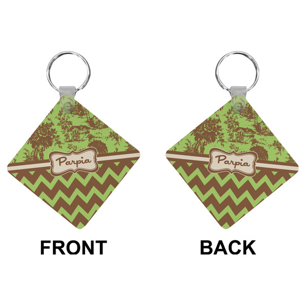 Green & Brown Toile & Chevron Diamond Keychain (Front + Back)