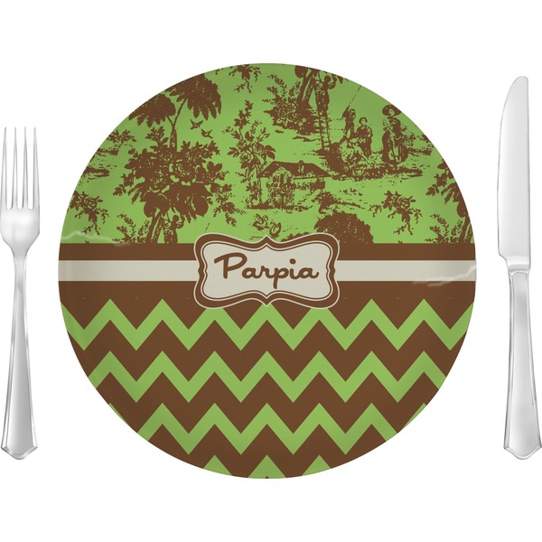 Custom Green & Brown Toile & Chevron 10" Glass Lunch / Dinner Plates - Single or Set (Personalized)