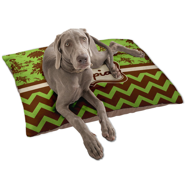 Custom Green & Brown Toile & Chevron Dog Bed - Large w/ Name or Text
