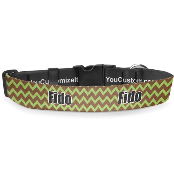 Custom Green & Brown Toile & Chevron Deluxe Dog Collar - Toy (6" to 8.5") (Personalized)